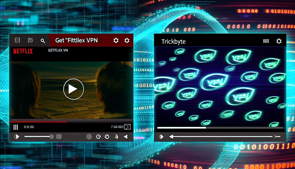 Split-screen illustration of Getflix VPN and Trickbyte, highlighting distinct streaming styles for the best Smart DNS VPN for streaming 2025.

