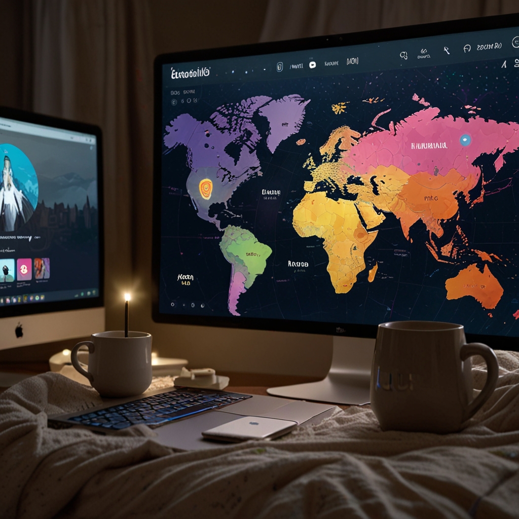 image of a map on a flat screen TV - coffee cup with a laptop track pad and keyboard showing the bennifits of Smart DNS And Online Security on a global scale.