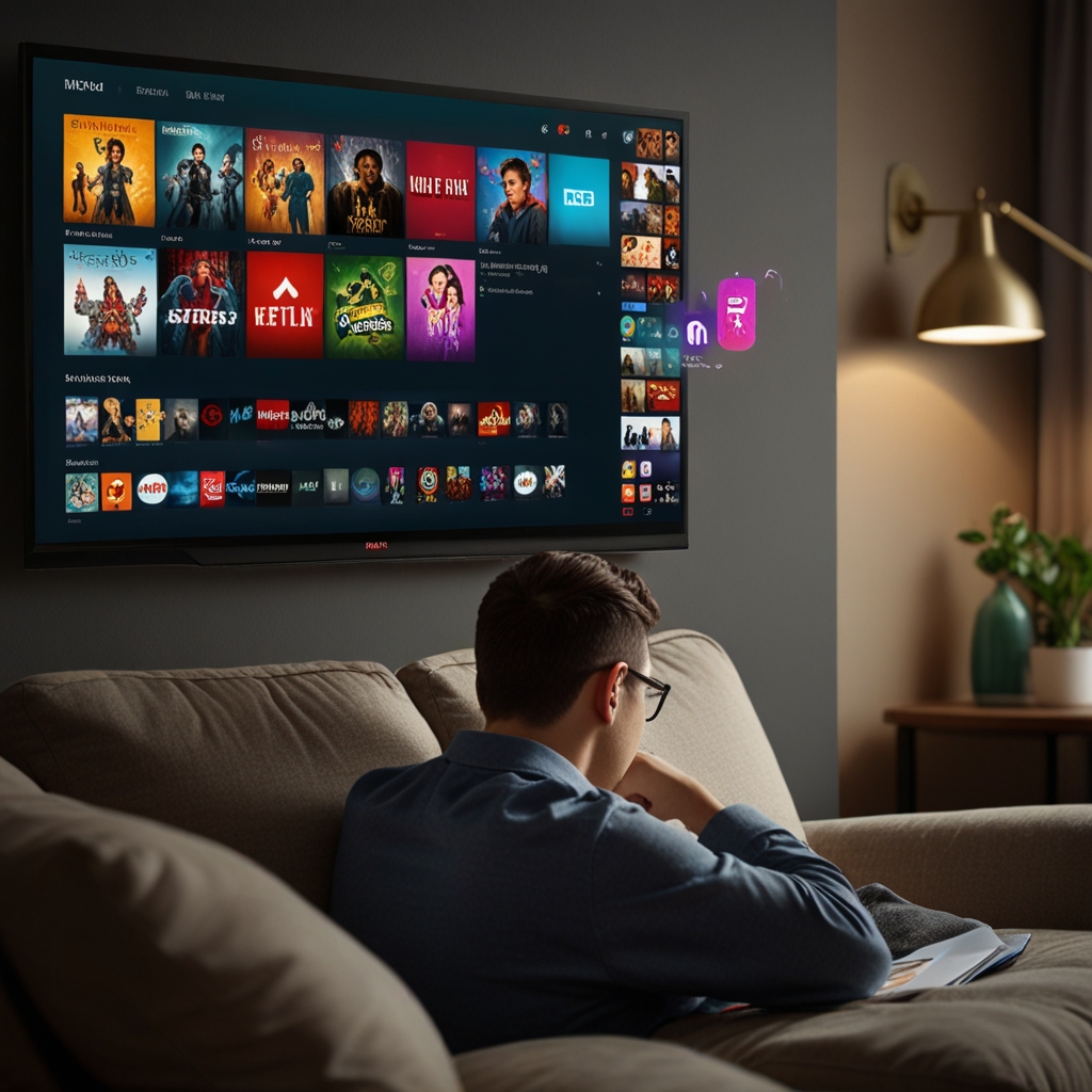Image of a man sitting on the couch with a flat screen TV and Smart DNS And Online Security