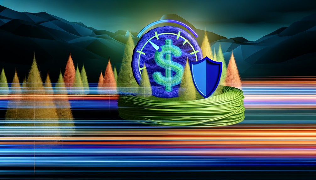Digital landscape with speedometer, dollar sign, and shield representing cost efficiency, speed, and security in Smart DNS services.