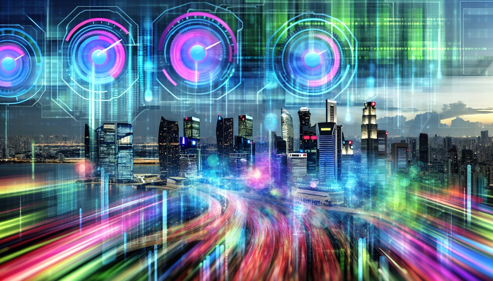 Futuristic city skyline with digital screens showing data streams, interconnected networks, and speedometers representing Smart DNS technology evolution in 2025.