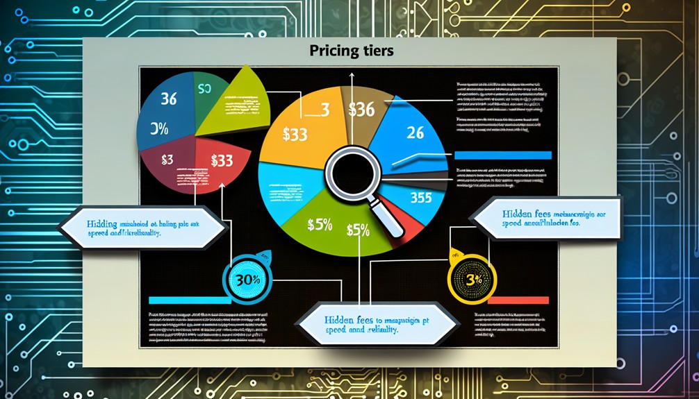 Infographic with colorful pie charts showing three pricing tiers, magnifying glass on hidden fees, and arrows indicating speed and reliability metrics on a tech-themed background.