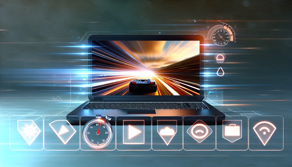 Sleek laptop streaming HD movie surrounded by popular streaming service icons with stopwatch and speedometer overlays symbolizing fast streaming performance.