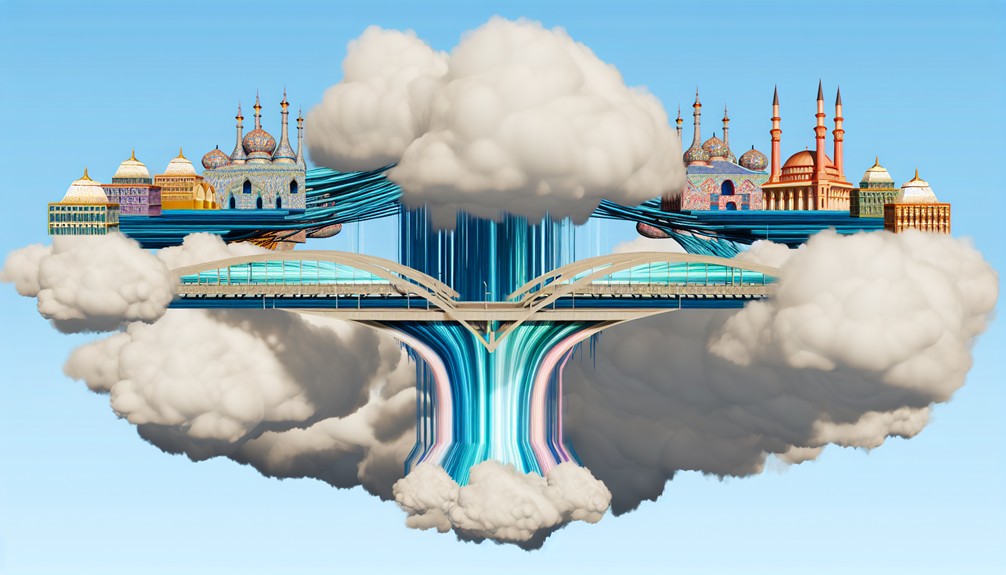 Serene digital landscape with a sturdy bridge over flowing data streams and global landmarks in clouds, symbolizing reliability and unblocking capabilities.