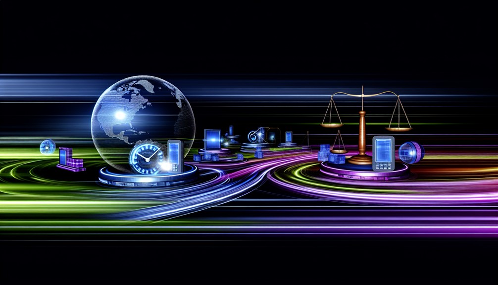 Digital landscape with smart devices connected to a glowing globe, speed lines, and a balance scale symbolizing cost, speed, and reliability.