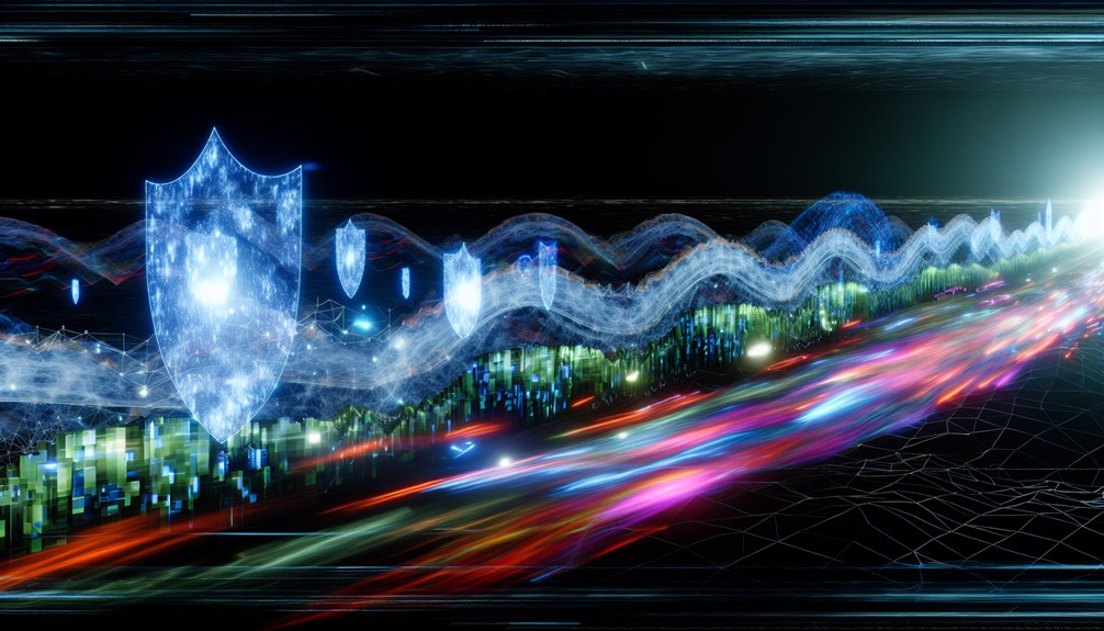 A digital battleground with glowing shields and barriers under attack by dynamic data streams, symbolizing Trickbyte’s balance of speed and security.
