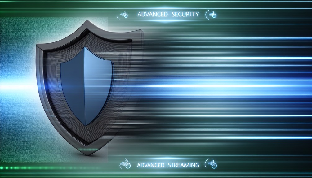 A futuristic digital shield envelops streaming content, symbolizing Trickbyte’s robust security and uninterrupted speed.