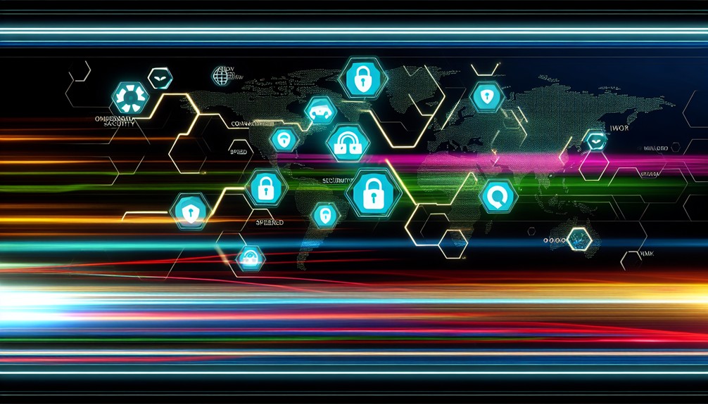 A modern digital dashboard with glowing security icons, a vibrant world map, and interconnected network lines symbolizing seamless speed and protection.