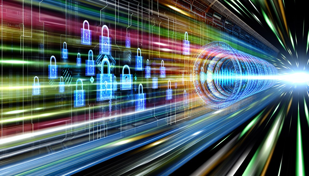 A futuristic digital landscape with encrypted locks, security shields, and vibrant data streams illustrating Trickbyte's secure, high-speed streaming technology.