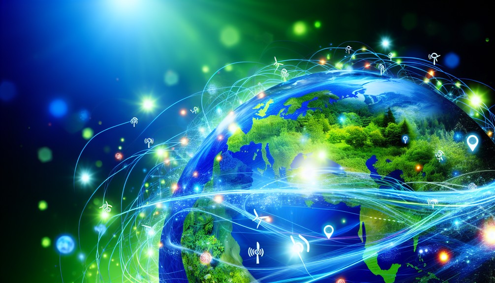 A vibrant Earth with flowing streaming data lines and interconnected Smart DNS nodes, encircled by greenery and renewable energy icons.