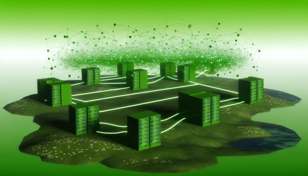 A peaceful digital scene with glowing green server nodes interconnected among lush foliage, with subtle data streams flowing through eco-friendly pathways.