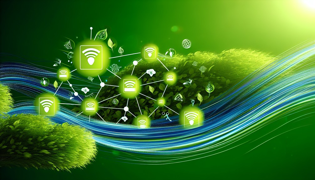 Digital data streams flow through lush greenery with interconnected Smart DNS nodes and eco-friendly icons, symbolizing efficient, sustainable streaming.