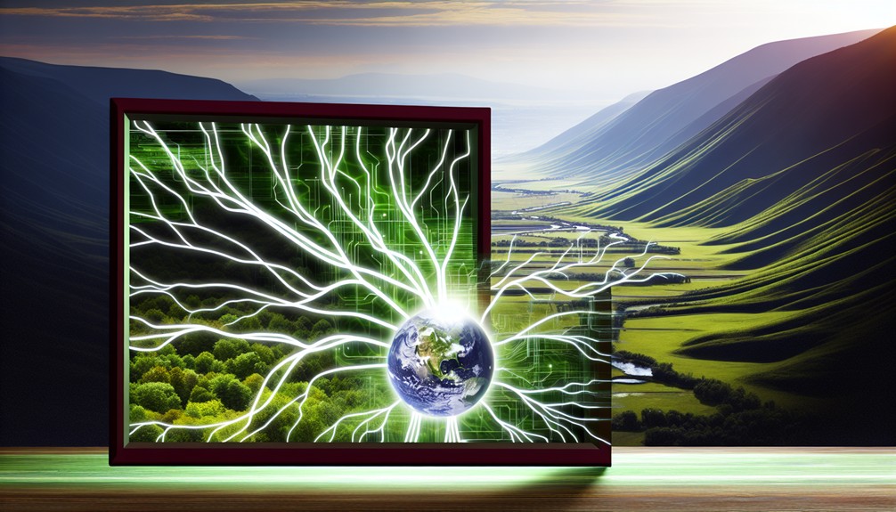 A green landscape overlaid with digital network connections, featuring a streaming device displaying a globe and emitting translucent energy lines toward the environment.