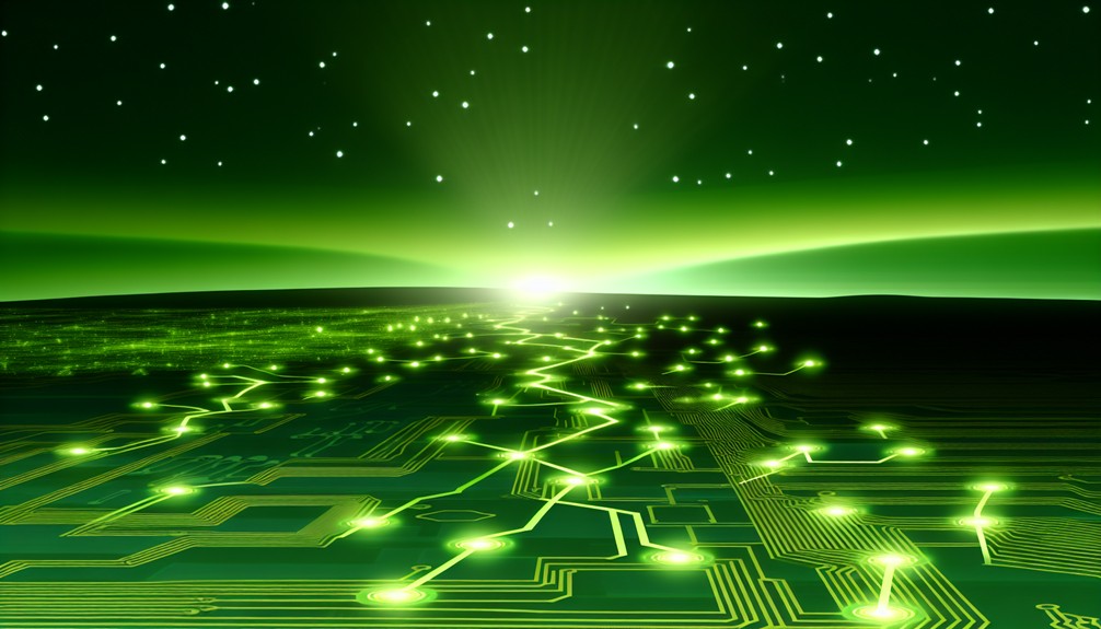 A calm digital landscape with glowing green circuit pathways and streaming data currents flowing through a sustainable, eco-friendly environment.