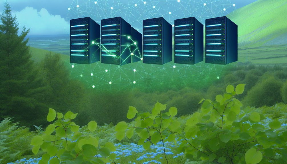 A peaceful green landscape with a subtle digital network overlay and minimalistic servers in the distance, featuring glowing eco-friendly symbols that blend into the natural surroundings.