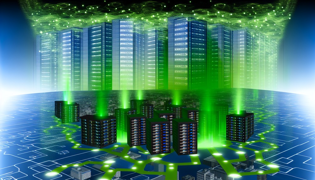 A vibrant futuristic city with glowing green accents, featuring smart DNS pathways in the foreground and fading traditional, bulky servers in the background.