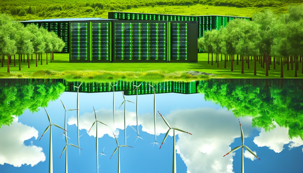 A lush green landscape reflecting on a solar-powered server farm surrounded by wind turbines, with streams of digital data flowing through eco-friendly technology under clear skies.