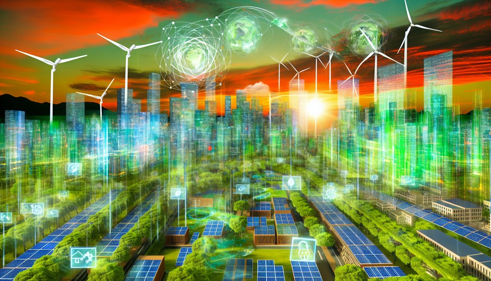 A futuristic cityscape featuring lush greenery, solar panels, wind turbines, and streaming data visualized as green energy flowing through digital networks under a vibrant sunset.