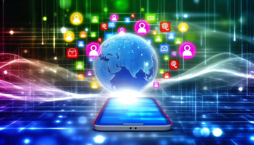 A glowing globe surrounded by vibrant streaming icons connected by sleek digital lines, with an illuminated futuristic smartphone in the foreground and dynamic data streams in the background.