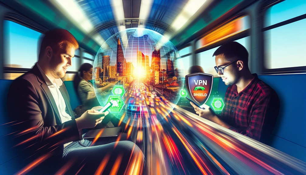 Two travelers on a busy train using devices - one displaying a VPN shield icon and the other a Smart DNS globe symbol