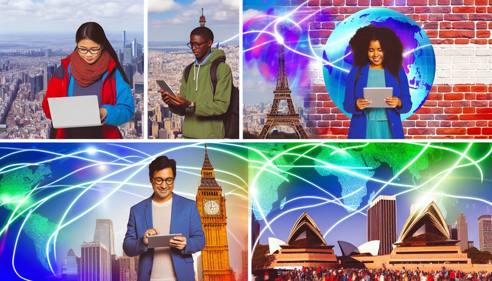 A vibrant collage of diverse travelers using smart devices in famous global landmarks, surrounded by flowing digital streams representing Smart DNS solutions and seamless international content access.