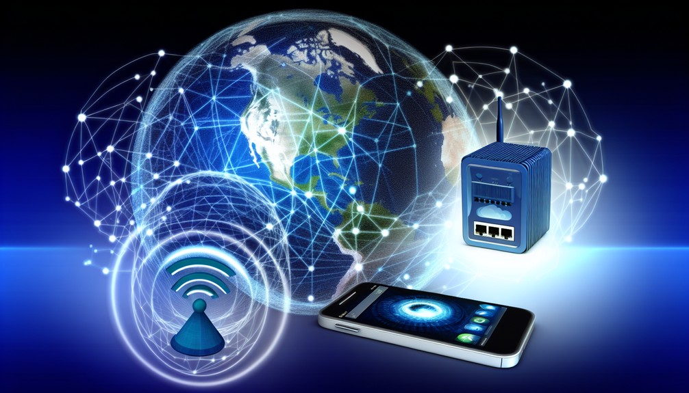 A globe wrapped in a glowing digital web with connected continents, alongside a smartphone showing a world map and a router emitting signal waves symbolizing seamless global streaming for travelers.