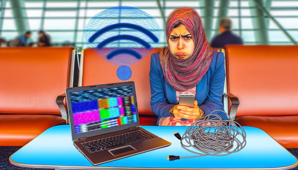 A traveler in an airport lounge using a laptop and smartphone showing streaming content, looking frustrated; tangled network cables nearby and a globe icon with Wi-Fi signals representing connectivity challenges across countries.