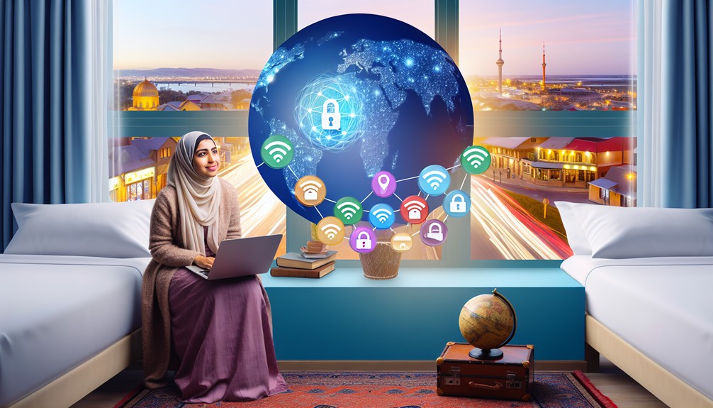 A traveler in a cozy hotel room using a laptop displaying a global map with streaming icons, surrounded by VPN symbols, a globe, and a secure lock; a vibrant cityscape is visible through the window.