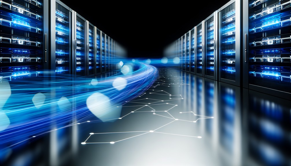 Modern data center with glowing servers and fluid 4K content streams in a high-tech, cool-toned environment.