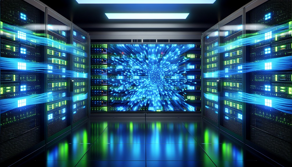 Sleek server room with glowing LED lights, fiber optics, and 4K streaming displays.