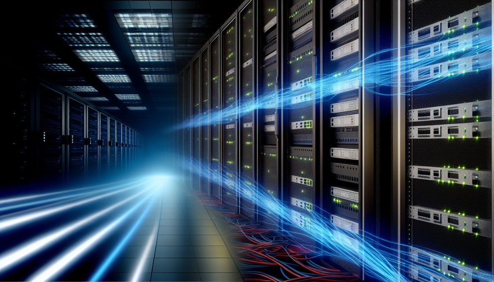 Futuristic glowing server racks contrasted with outdated, dimly lit DNS and VPN servers.