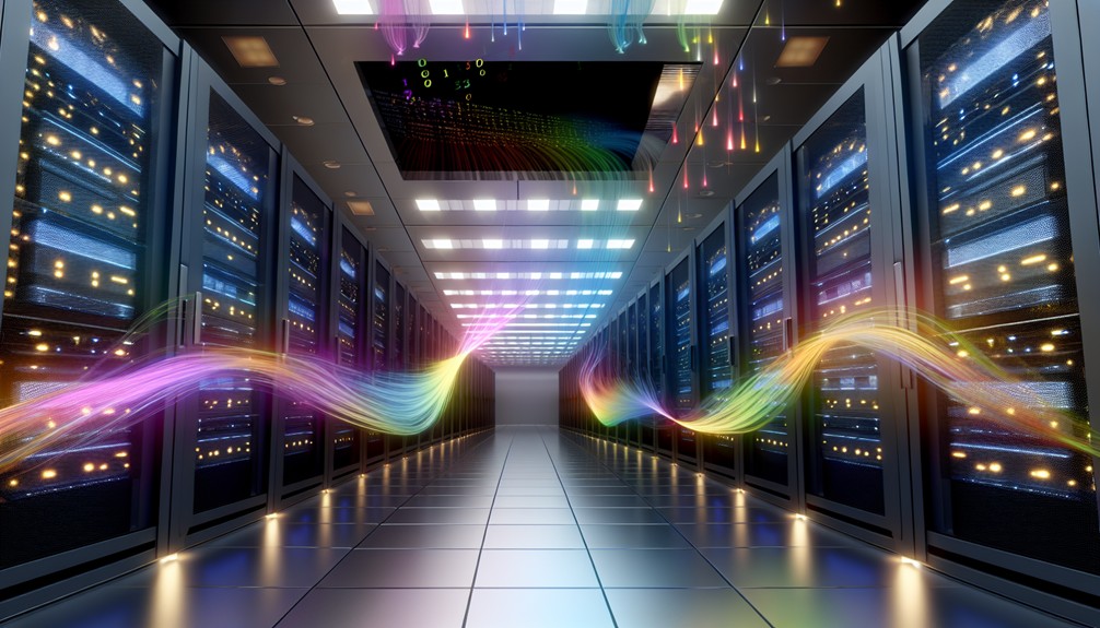 Futuristic servers with colorful data streams and a 4K screen showing smooth streaming.