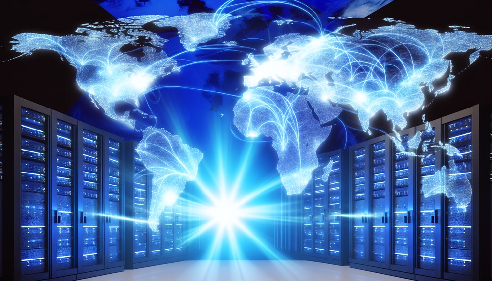 Global map with glowing data connections, 4K visuals, and blue-lit server racks.