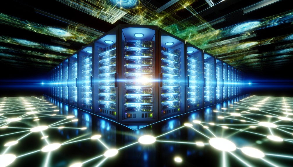 High-tech data center with glowing servers and 4K visuals of nature and cities.