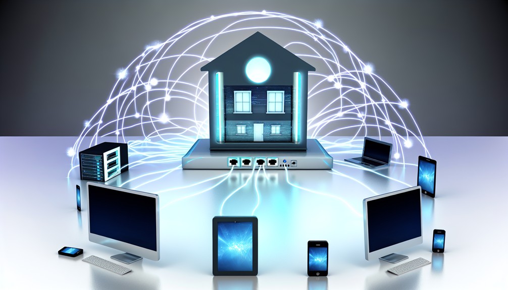 Modern home network hub with smart TV, smartphone, tablet, and laptop interconnected by glowing lines, symbolizing Smart DNS connectivity.