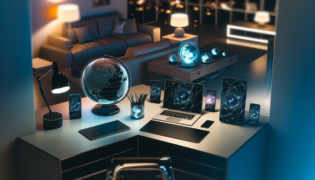 Modern home office with laptop, tablet, and smartphone, featuring a glowing globe symbolizing global Smart DNS access.