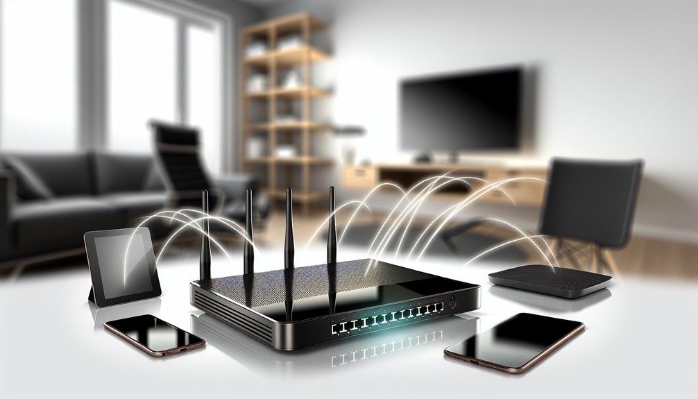 Modern home office with a sleek router connecting a tablet, smartphone, laptop, and smart TV, featuring glowing LED indicators and subtle cable connections.