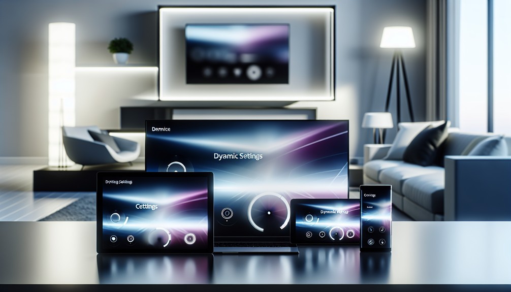 Modern home office with a laptop, smartphone, tablet, and smart TV, all displaying settings interfaces to show Smart DNS connectivity.