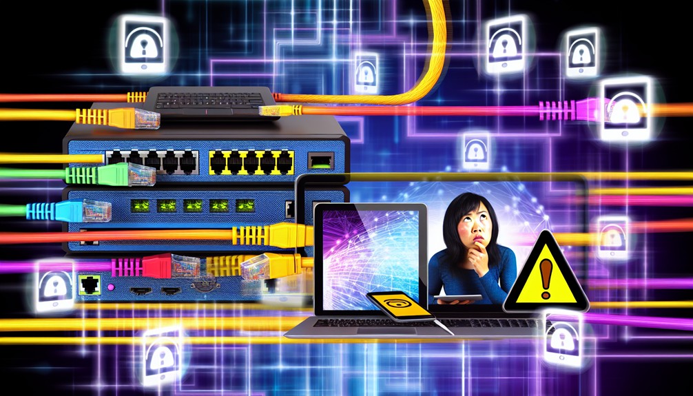 Frustrated person surrounded by tangled ethernet cables, a blinking router, and devices showing connection issues, symbolizing Smart DNS setup problems.