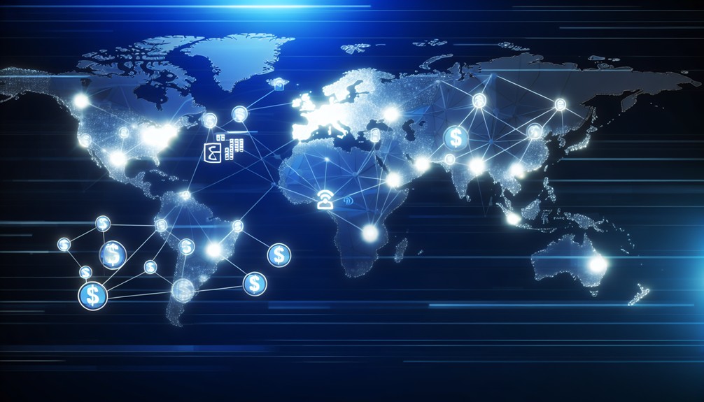 Digital network map with glowing nodes, streaming icons, and currency symbols representing global access and cost-effectiveness.