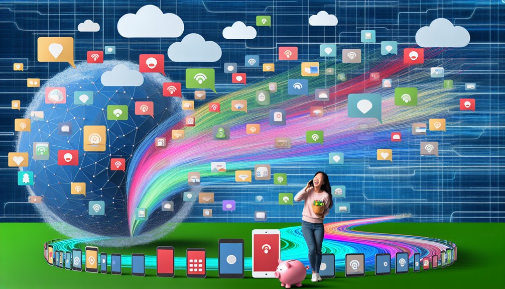 Digital landscape with connected streaming devices, flowing data, a happy user, a piggy bank, and global connectivity symbolizing seamless access and cost savings.