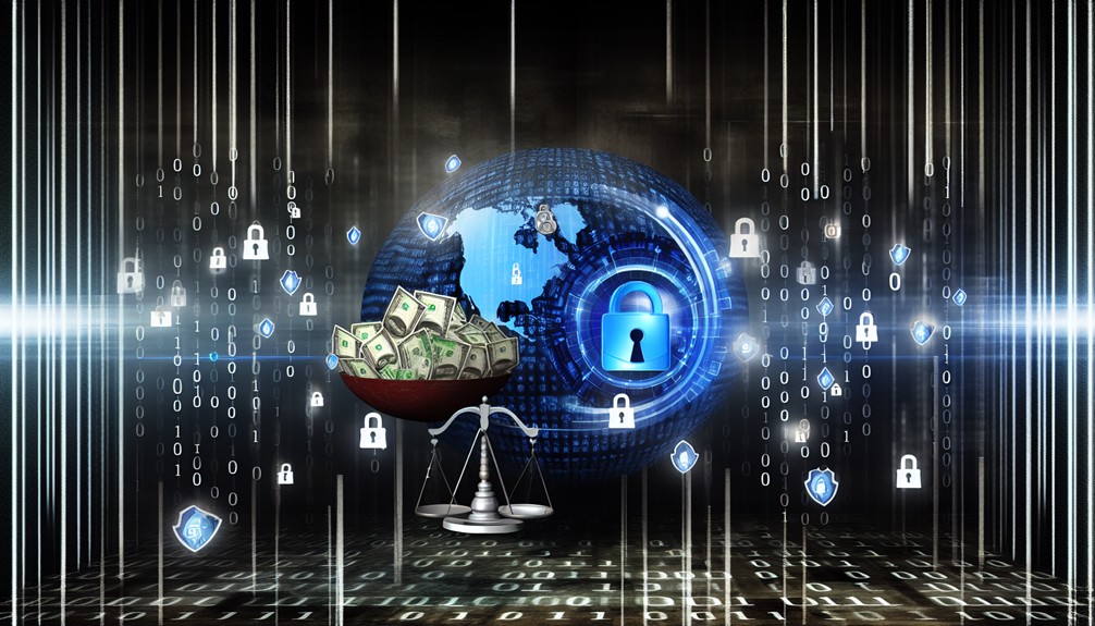Digital lock over a globe with streaming icons, binary code matrix, and a balance scale weighing cost and security.