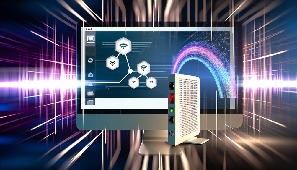 Computer screen showing a user-friendly Smart DNS setup interface with step-by-step icons, sleek modem, highlighted connections, and streaming symbols.