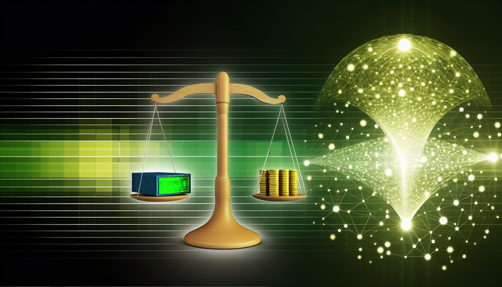Digital scale balancing a glowing streaming device and a stack of coins, with interconnected networks and data streams in the background.