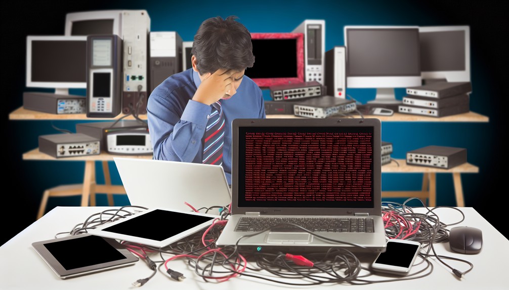 Frustrated person at a desk with tangled cables and multiple devices, staring at a laptop showing error messages, with a red-blinking router in the background symbolizing connection and configuration issues.