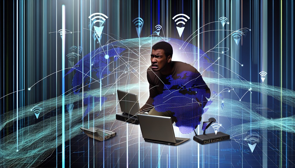 Frustrated user surrounded by digital maps and geo-block icons, using laptops and routers while binary code and digital pathways represent bypassing online content restrictions.