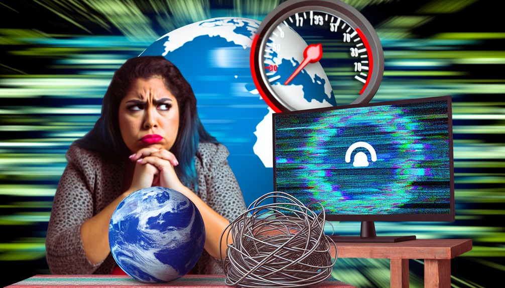 Frustrated person facing a TV stuck on a buffering icon, surrounded by tangled cables, a spinning digital globe, a slow internet speedometer, and glitchy pixelated visuals in the background.