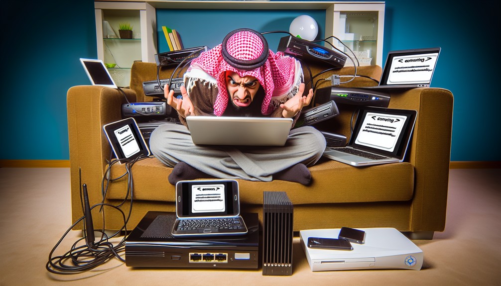 Frustrated user on a couch surrounded by a laptop, smartphone, and gaming console showing error screens, with a nearby network cable and Wi-Fi router symbolizing Smart DNS connectivity issues.