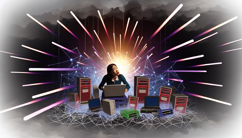 Frustrated user surrounded by computers, network cables, and glowing routers in a digital landscape, with vibrant light beams symbolizing successful advanced Smart DNS recovery tactics.