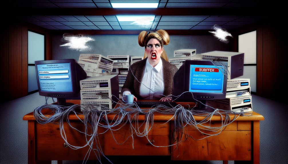 Frustrated user at a desk with tangled wires and multiple screens showing error messages, subscription alerts, and account warnings, while a large buffering icon spins on the main screen.